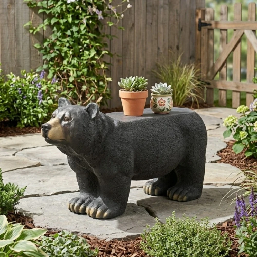 MGO Bear Shaped Outdoor Bench, Matte Black Weather Resistant Bear Sculpture Seat, Sturdy Concrete Style Furniture for Garden Patio Lawn Courtyard Decor