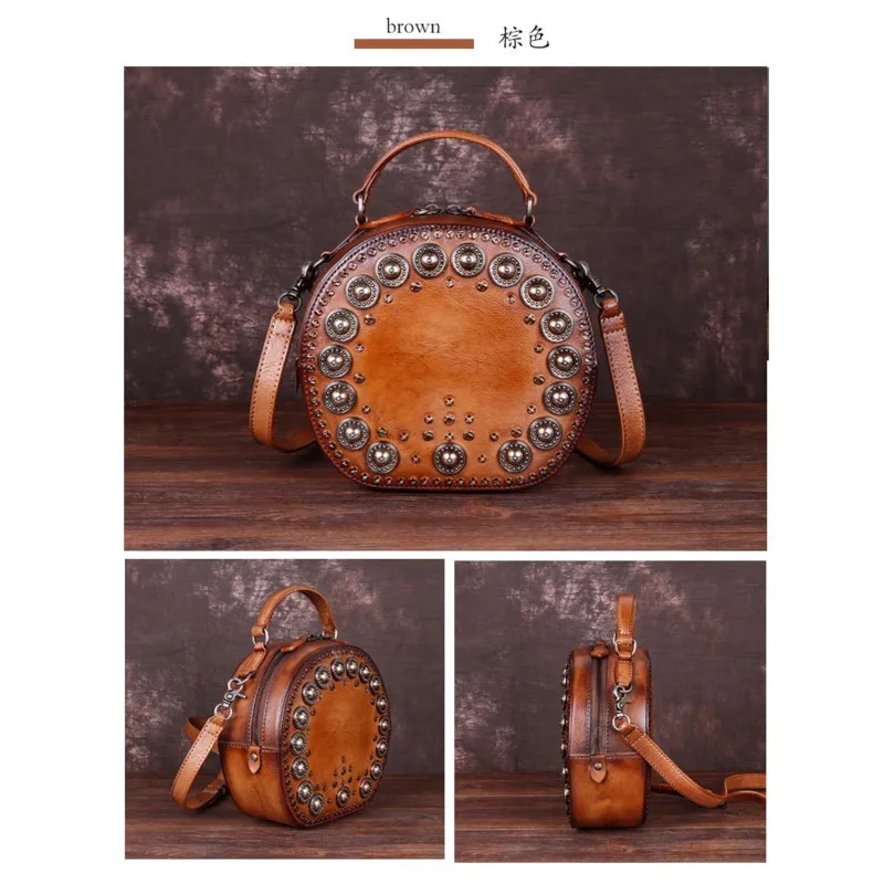 MOTAORA Vintage Handmade Shoulder Bags For Women Rivet Round Luxury Handbags Ladies Genuine Leather Bag For Woman Trend 2024 New