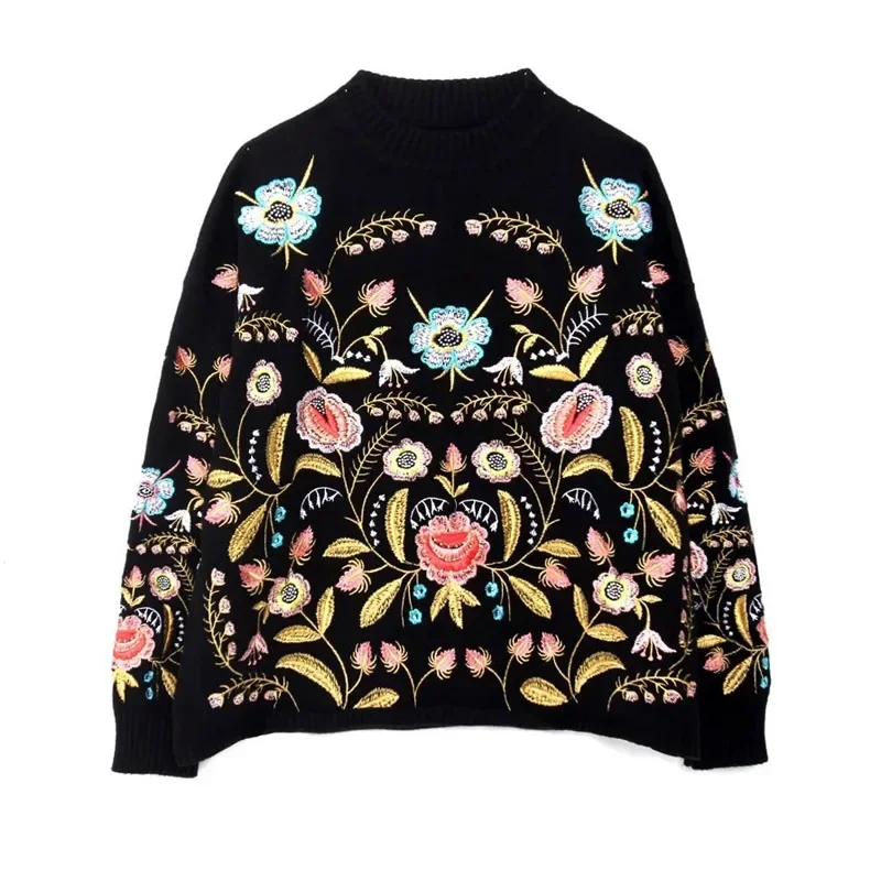 TEELYNN-Jersey negro con bordado floral para mujer, Jersey bohemio de manga larga con cuello redondo, Top de punto suelto, Otoño e Invierno
