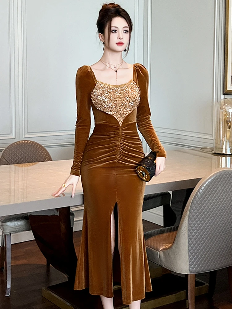 女性のベルベットのフィッシュテールドレス,光沢のあるスリット,レトロなイブニングドレス,エレガントなカクテルドレス,有名なファッション
