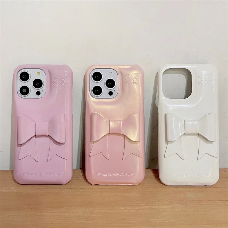 Korean Ins Laser Pink Bowknot Cute Phone Case For iPhone 16 Pro 15 14 13 Pro Max Back Cover Lovely Shockproof Cases 15Pro Funda