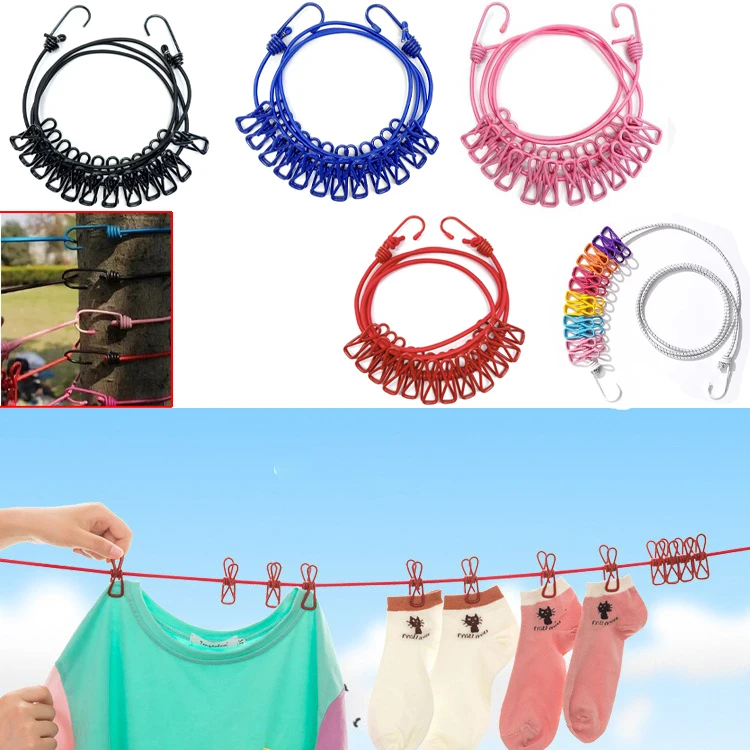 

Portable Clothing Clothesline 12 Clips, Retractable Clothes Rope Outdoor Drying Rack Clothes Hanging Line, Luggage Bindind Ropes