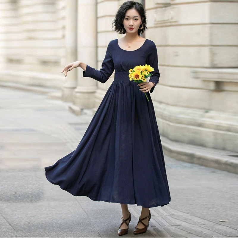 

Stylish Elegant Linen Maxi Dress round Neck Pleated Versatile Daily Party Gown for Spring/Fall 2026