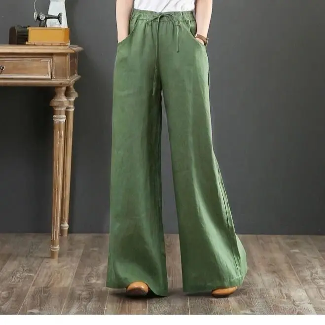 Summer Women's Pants 2025 Cotton Linen Wide Boot Pants Woman Straight Vintage Fashion Casual Elegant Hot Leg Width Trousers Long