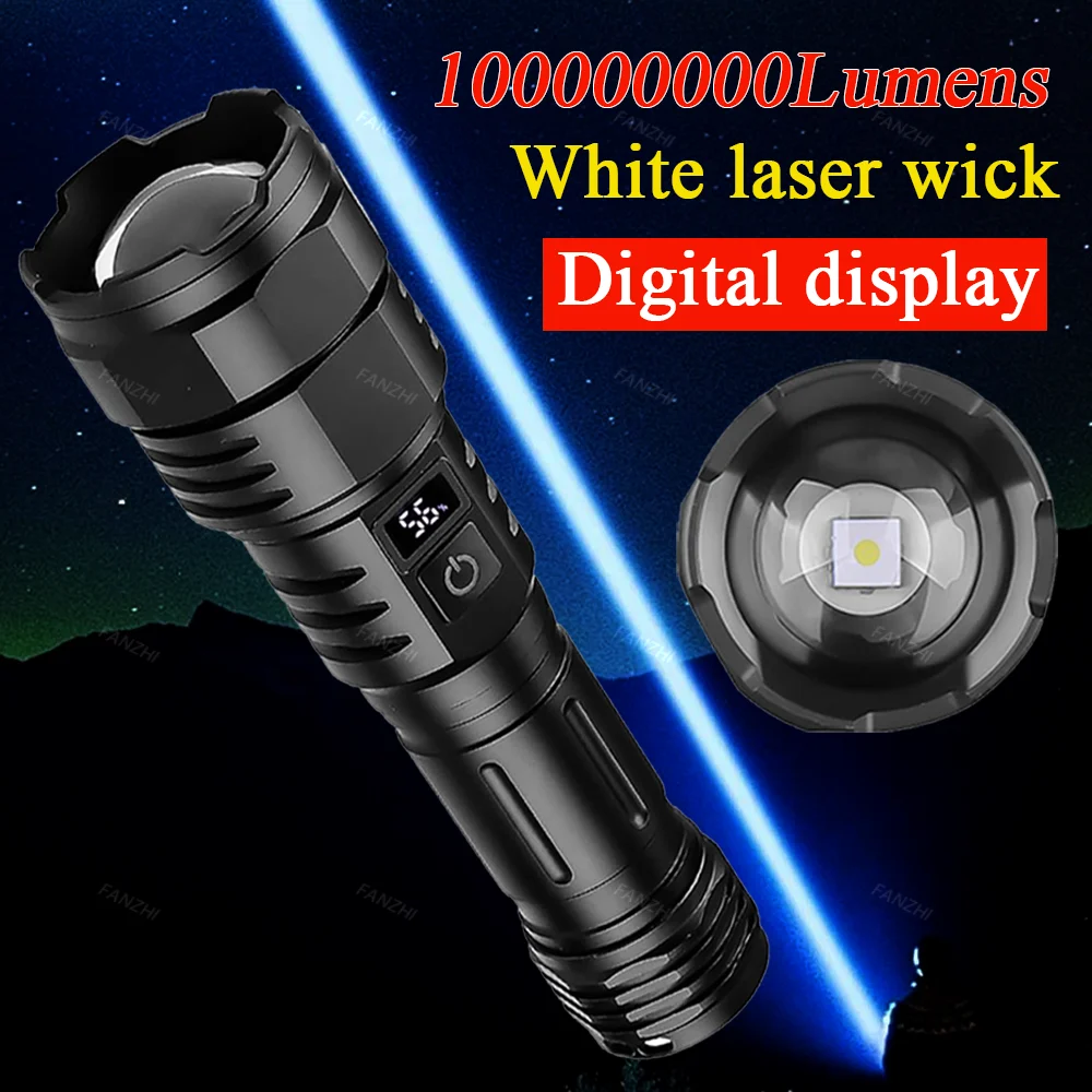 USB C Tocha Zoomable Recarregável, Lanterna LED Branco, Luz Forte, 5 Modos para Exterior, 100000000 Lumens