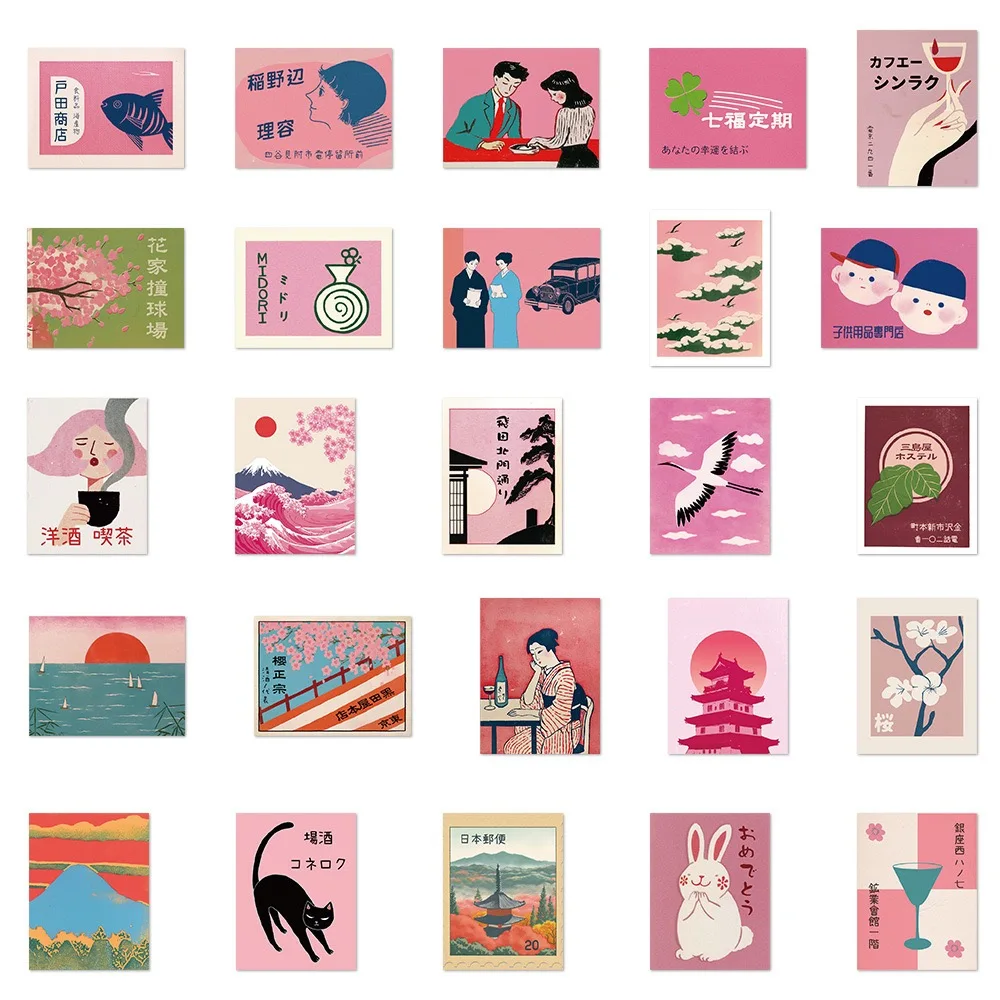 10/50 個ヴィンテージピンク日本の旅行ステッカー日本文化風景デカール子供のための電話ラップトップスーツケースノートブックビニールデカール