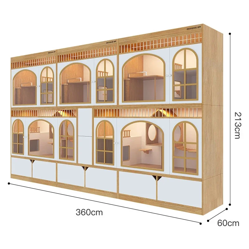 a forFactory Wholesale Modular Multi-Unit Wooden Cat Boarding Cage, Pet Shop Stackable Cat Villa Enclosure Wall