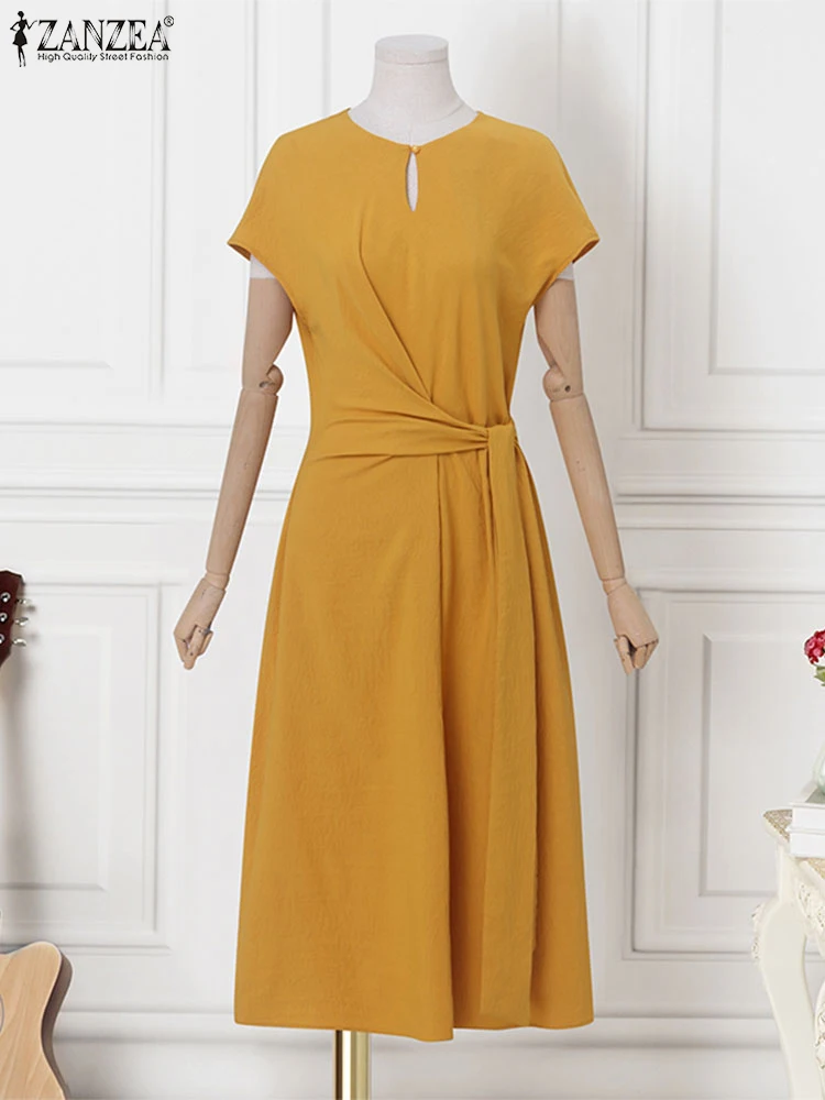 ZANZEA Letnie Sukienki Koszulowe Damskie Długa Sukienka Letnia z Bandżem Twist 2025 Elegancka Krótki Rękaw Dekolt O-Neck Codzienna Midi Vestidos Koreańska Szata