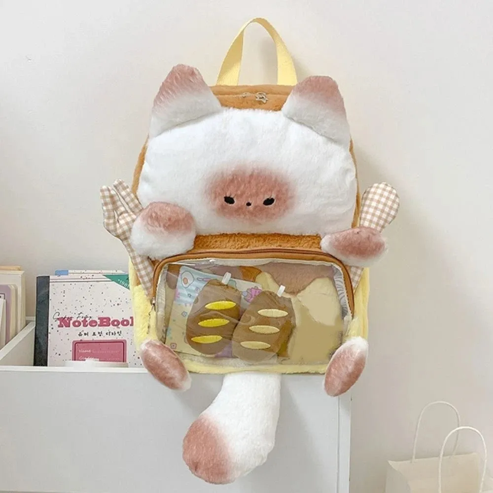 Fashion Kawaii Cat Plush Backpack Transparent Cute Bread Cat Itabag Fluffy Soft Student School Bag Shopping