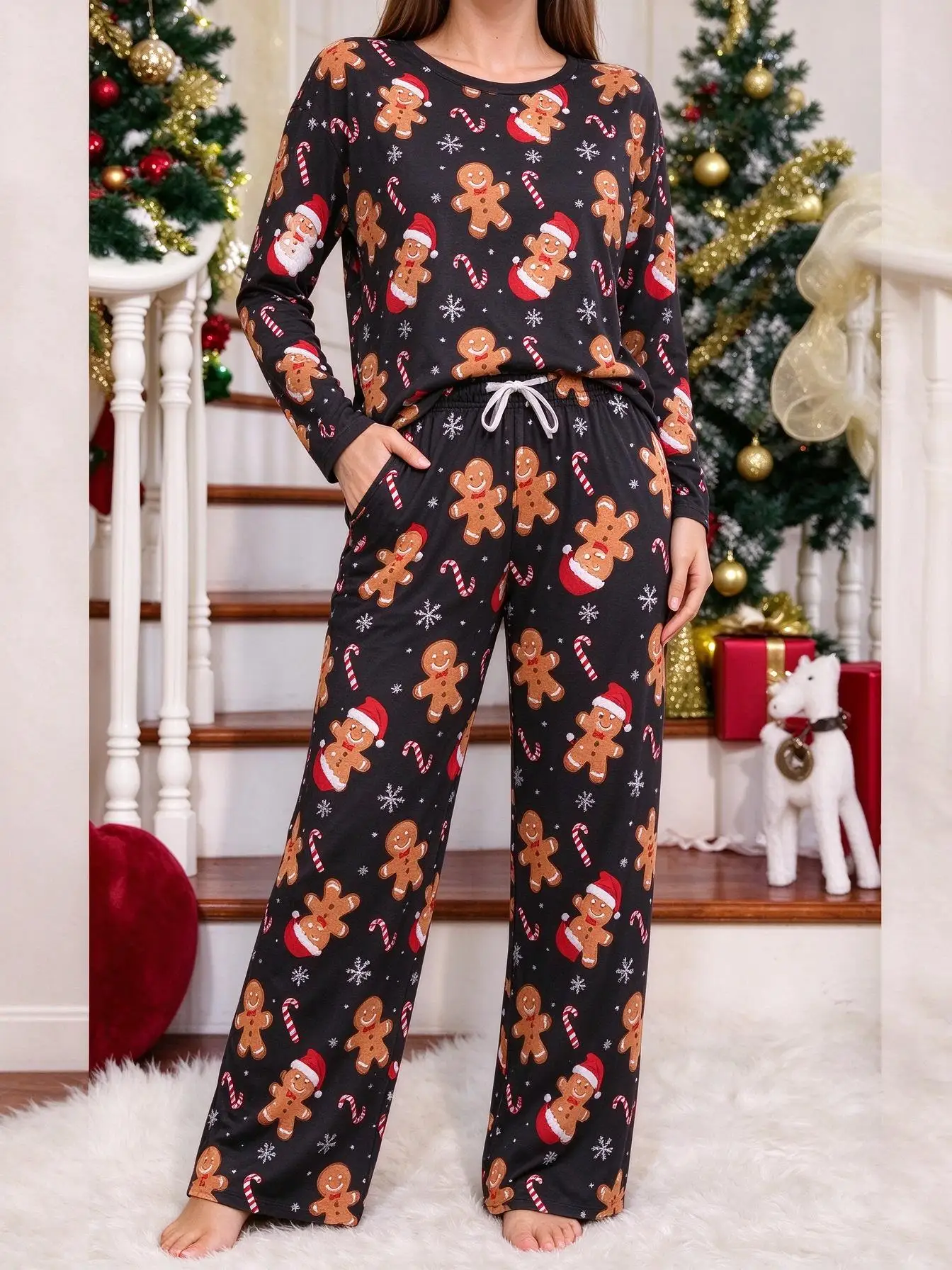 Women Imitation Cotton Loungewear Set Christmas Gingerbread Man with Santa Hat Candy Cane All Over Print Long Sleeve Pajamas