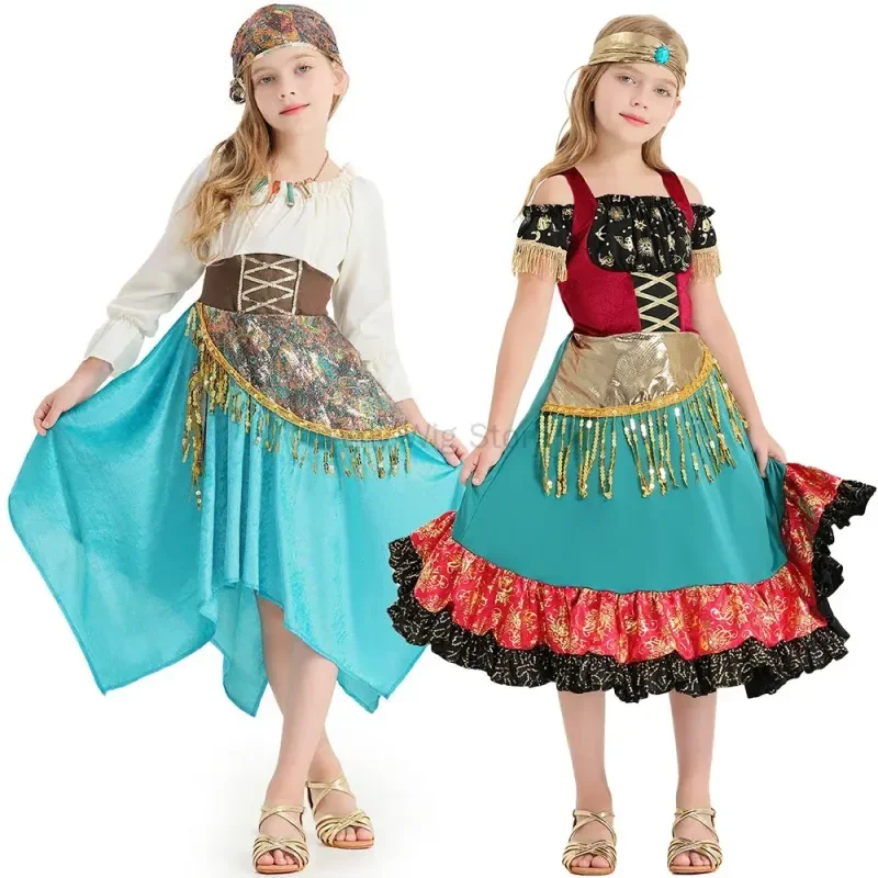 Flamenco Show Gypsy Dress for Girls Halloween Cosplay Princess Irregular Dress Children Waltz Tango Dance Bohemian Sequin Dress