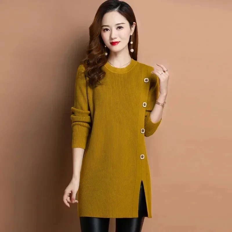 

Женский повседневный свитер, однотонный пуловер большого размера, весна-осень, новый женский свободный вязаный свитер с длинными рукавами, длинный джемпер Feminima 4XL