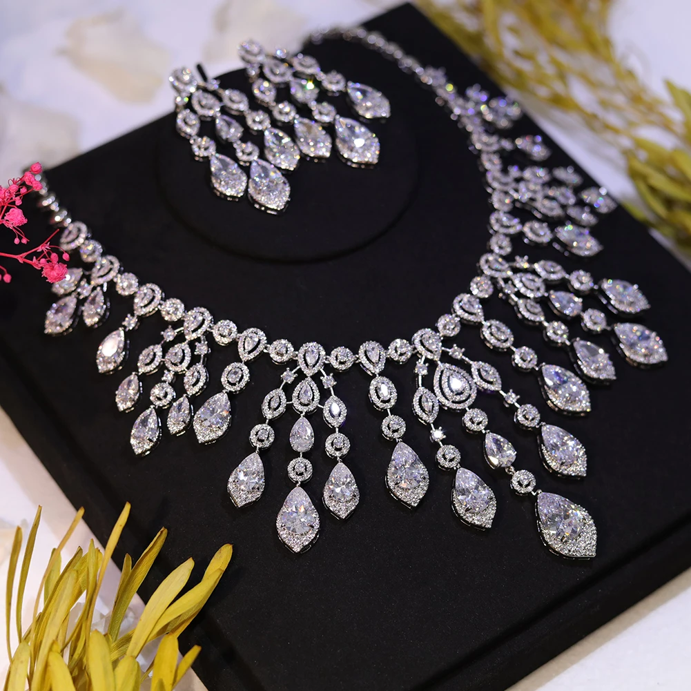 Luxury Big Statement Heavy Cubic Zirconia Tassel Wedding Necklace and Earrings Pageant Dubai Bride jewelry Set Z021