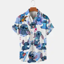 2024 Summer Shirt Disney Trend Fashion Cartoon Interstellar Baby Stitch Harajuku Top Men's Lapel Hawaiian Shirts