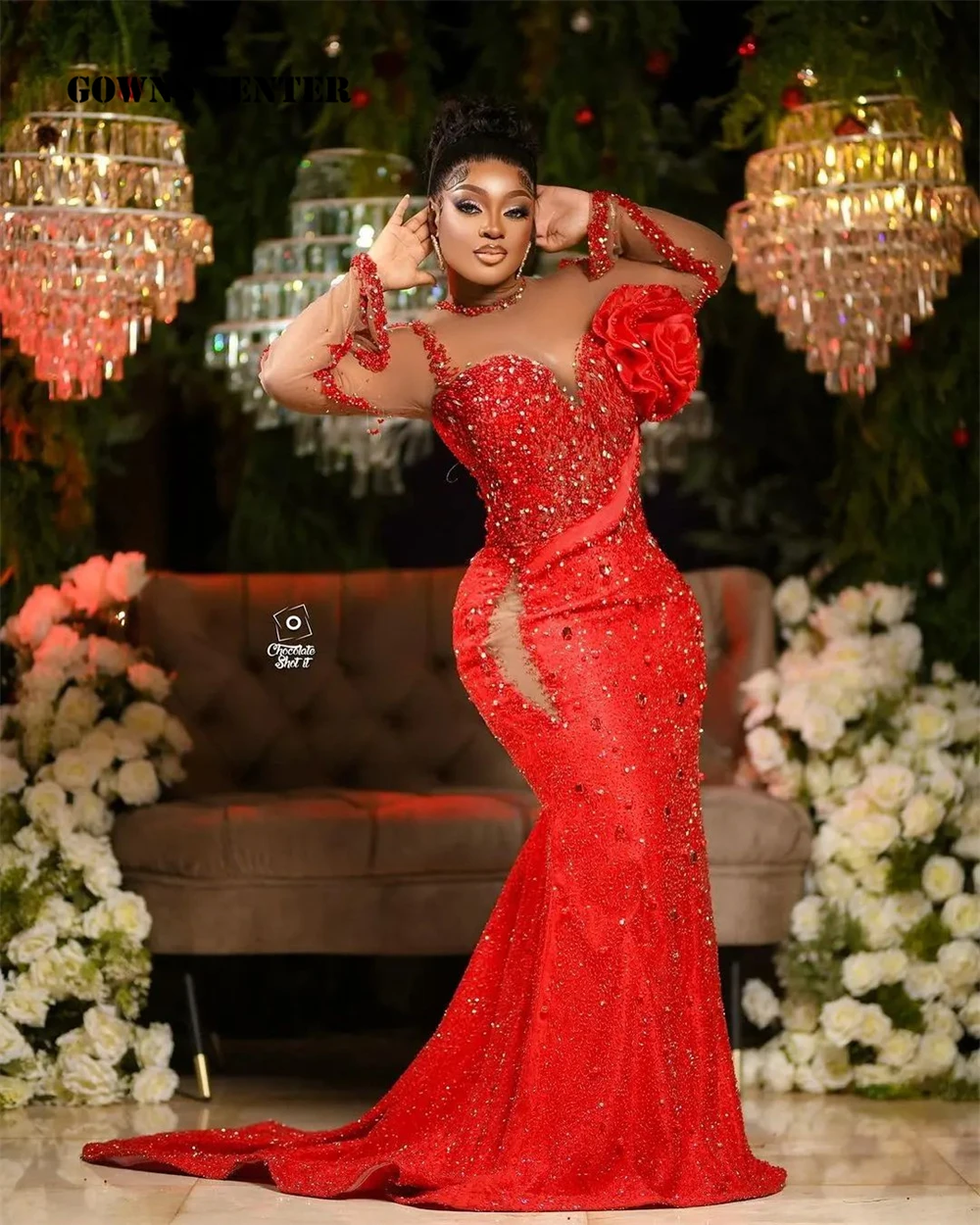 Sparkle Red Crystals Mesh Long Sleeves Aso Ebi Evening Dresses African Formal Dresses For Women 2024 Elegant Wedding Dress robe