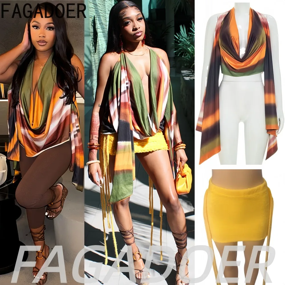FAGADOER Sexy Multicolor Patchwork Mini Skirts Two Piece Sets Hot Girl Strap Swing Ruched Deep V Top and Bodycon Skirts Suits