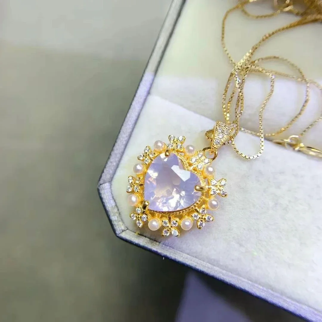 Romantic Heart Shape Gemstone Pendant for Women 10mm Light Purple Natural Amethyst Pendant with Thick 18K Yellow Gold Plating