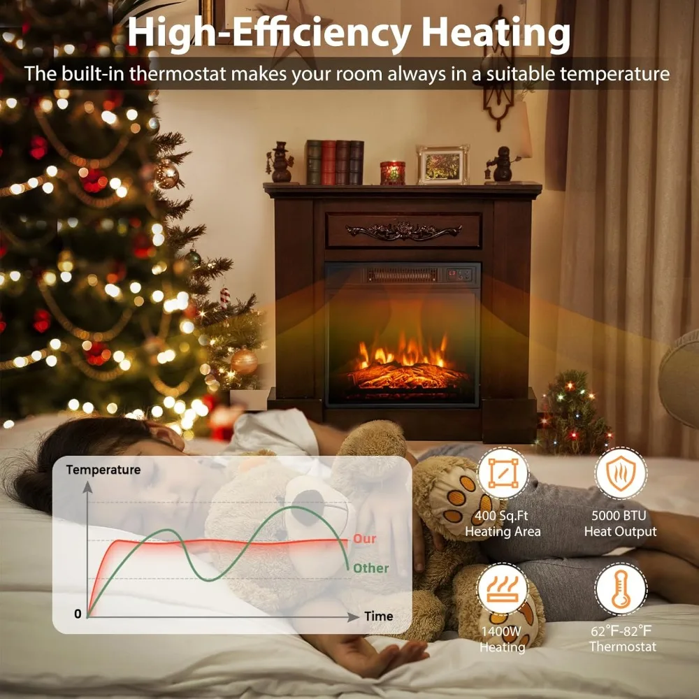 COSTWAY Chimenea eléctrica de 32 pulgadas con repisa, calentador de chimenea independiente de 1400 W con control remoto, termostato, temporizador de 6 horas, A