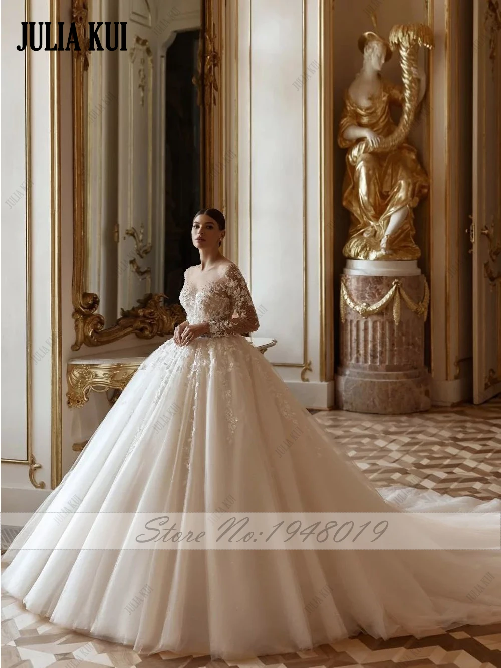 Julia Kui Glitter Tulle Beading Pearls Embroidery Lace Ball Gown Wedding Dresses Customize Full Sleeves Scoop Bridal Gowns