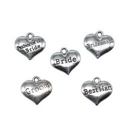 10pcs Antique Silver Color Double-Sided Wedding Members Bridemaid Bride Groom Best Man Heart Charms For Jewelry Making