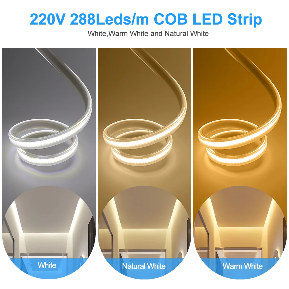 투야 와이파이 COB LED 스트립 조명, 원격 유연한 방수 COB 선형 라이트 바, 조도 조절 가능 COB LED 조명, 220V EU 288LEDs/m