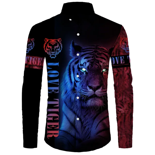 

New Year Men Long Sleeve Shirts Hawaiian Cool Tiger Y2k 3D Print Spring Autumn Buttoned Casual Tops Hip Hop Men's Clothing