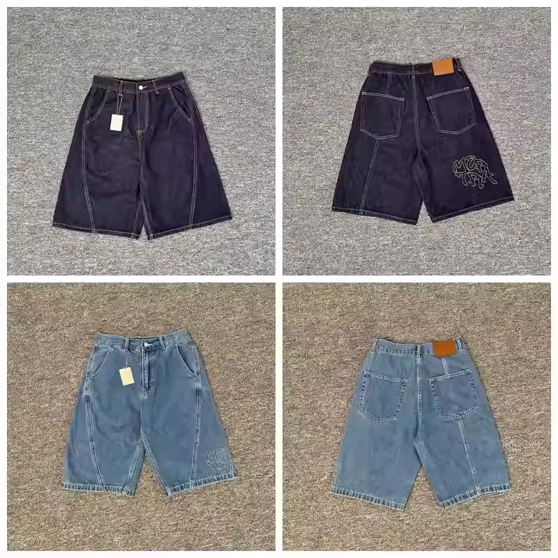 

Хорошее качество Mertra, черные, синие модные джинсы с вышитым логотипом, мужские и женские уличные темно-синие джинсовые шорты большого размера