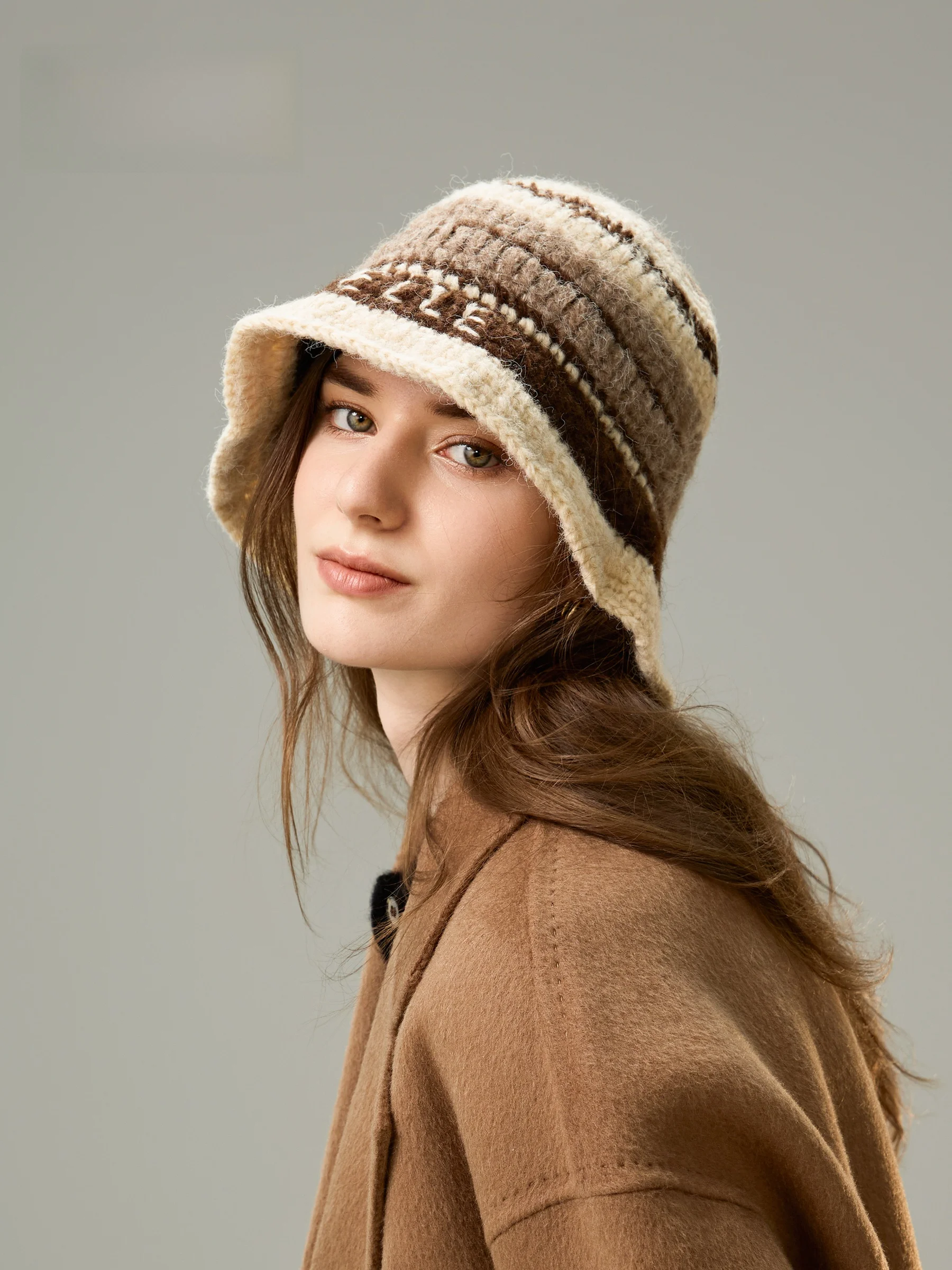 elle-ニットフィッシャーマンハット-レディース-アウトドア-暖かい-おしゃれ-ストライプ-クロシェ-ポットハット-小顔効果-冬-カジュアル-ポリエステル繊維