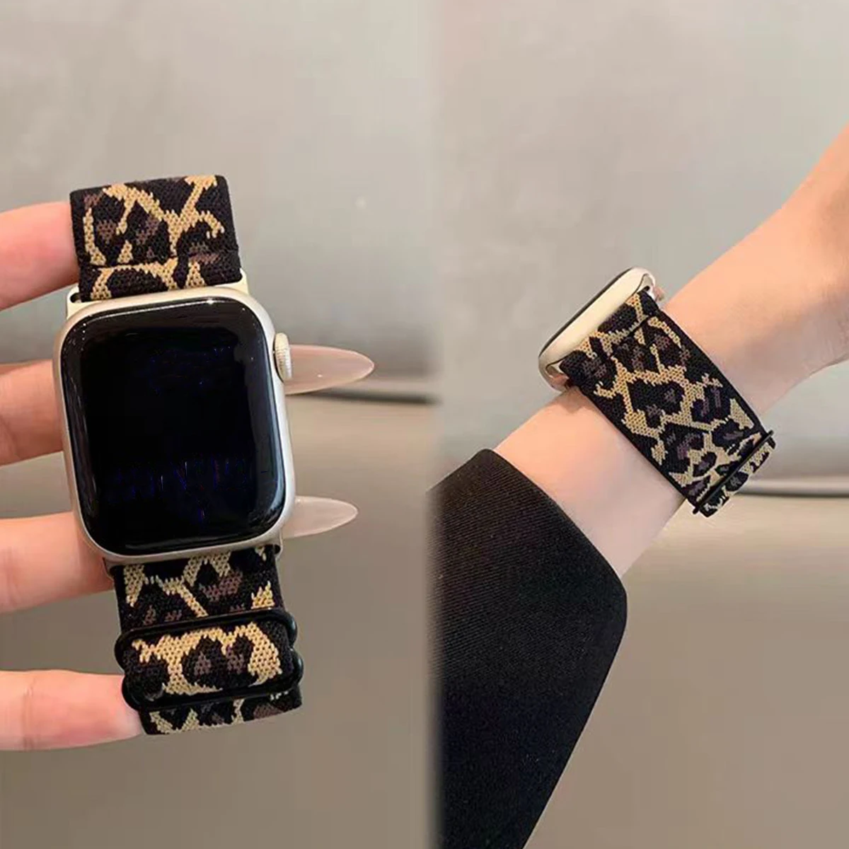 Leoparden-Nylon-Elastikarmband für Apple Watch Band Serie 10/11 42mm 46mm Sport Dehnbares Nylon-Armband für iWatch Serie 10 9 8 7 6 5 4 – Detail 3