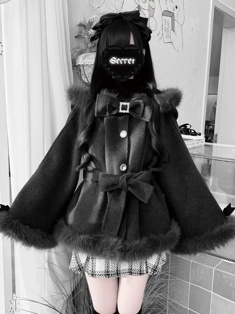 Japanese Lolita Sweet Bunny Ears Hooded Jackets Women Y2k Aestheic Furry Patchwork Bow Coat Winter Harajuku Slim Cute Outer Wear