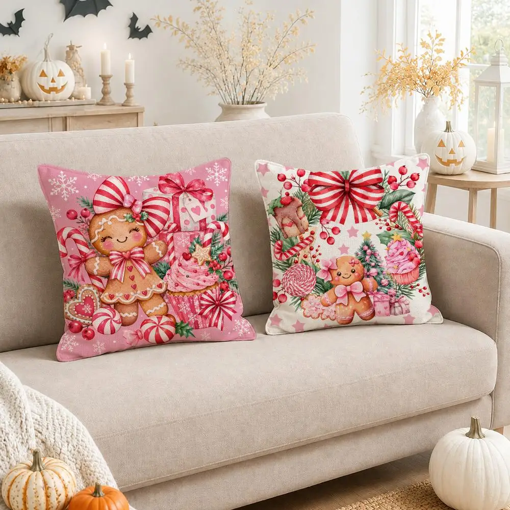 Christmas Gingerbread Candy Cushion Cover Linen Double-Sided Printed Pillow Case for Sofa Couch Bedroom Living Room