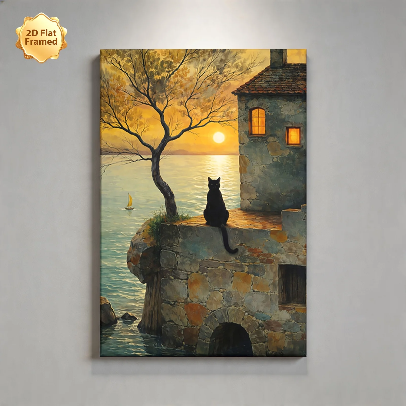 (No frame)2D Flat, 1pc, Framed 2D Flat Canvas Print, Black Cat by Seaside Cottage at Sunset, Ideal for Living Room, Bedroom,