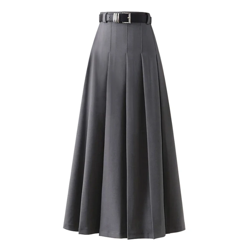 Female Elegant Vintage Pleated Maxi Long Skirt Women with Belt Korean Preppy Style High Waist Slim A-Line Pleated Skirts Q938