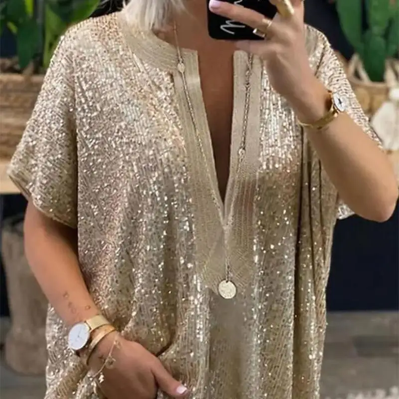 

Ele Deep V Ne ort Sve Loose irt Sequin Bright Pure Color Iron on Diamond Women's Faion Summer irt