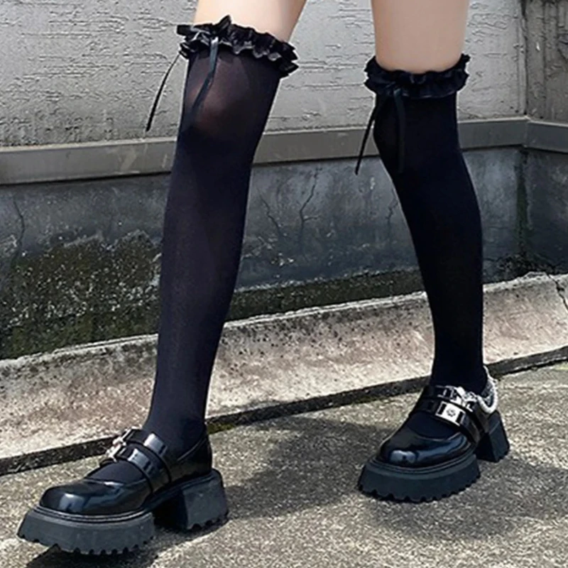 1 pair Lace bow over-the-knee socks, thigh socks, women's summer thin JK socks, Lolita cream over-the-knee socks