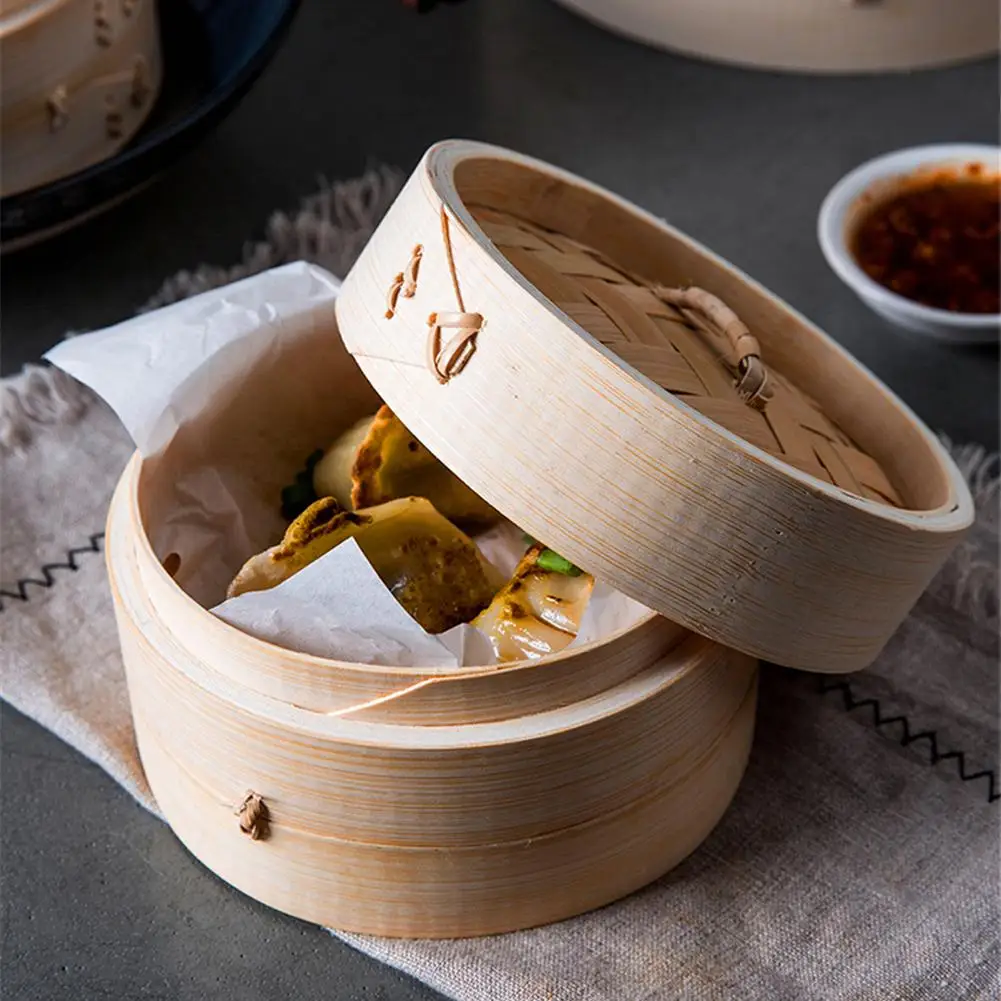 Vaporizador de bambú para el hogar, vaporizador de bambú de madera con tapa, cesta de almacenamiento para aperitivos, pescado, arroz y verduras, herramientas de cocina