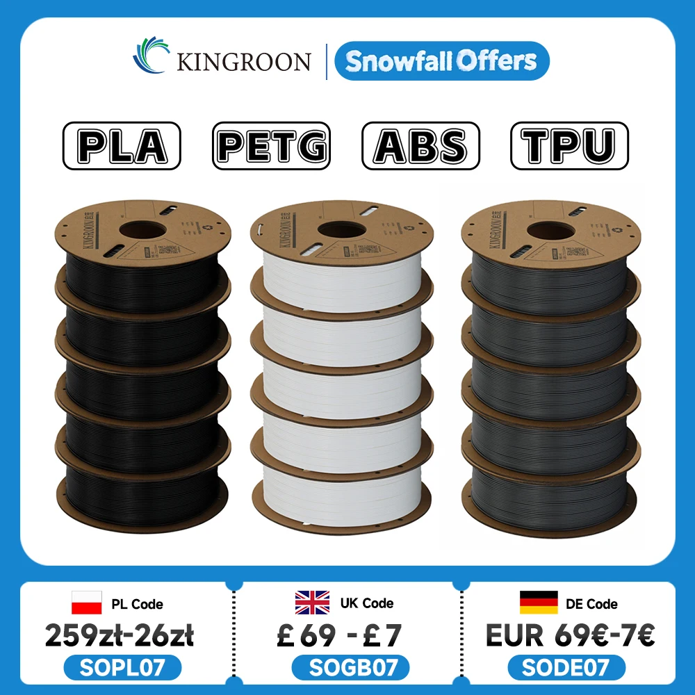 

KINGROON 3D Printer Filament PLA PETG TPU ABS 5KG Bundle Black White Gray 1.75mm No bubbles Plastic 5 roll 1kg , Random Spool
