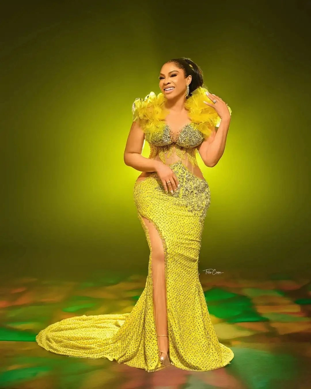 Gorgeous Prom Dresses Mermaid vestidos de gala Yellow Evening Gowns with Split Layered Shoulder Beaded Prom Dress Transparent image 2