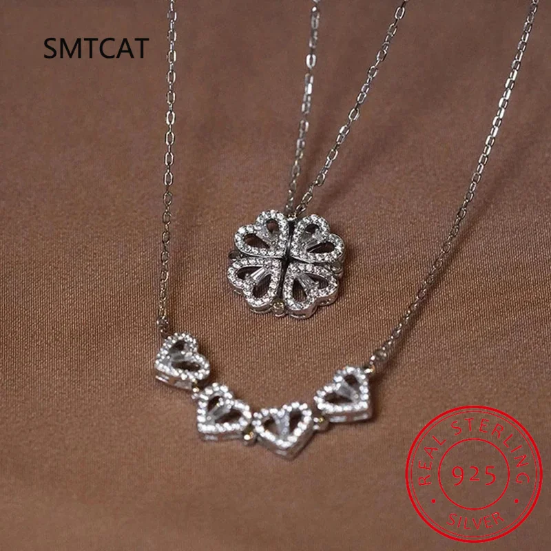 Heart Shaped Four Leaf Clover Pendant Necklace 925 Silver Jewelry Zircon Women Love Clavicle Chain Gifts Openable Choker Jewelry