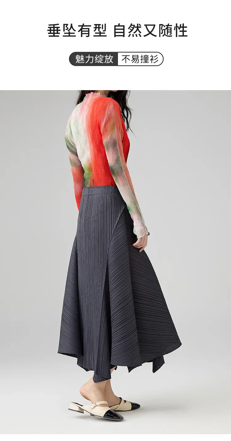 Miyake Pleated Irregular Skirt Designer Casual Elegant High Waisted Pleated Long Solid Color Skirt
