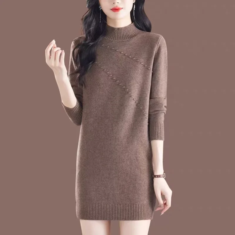 Women's Clothing Fashion All-match Half High Collar Knit Dresses Autumn Winter New Casual Loose Long Sleeve Above Knee ,Mini Top
