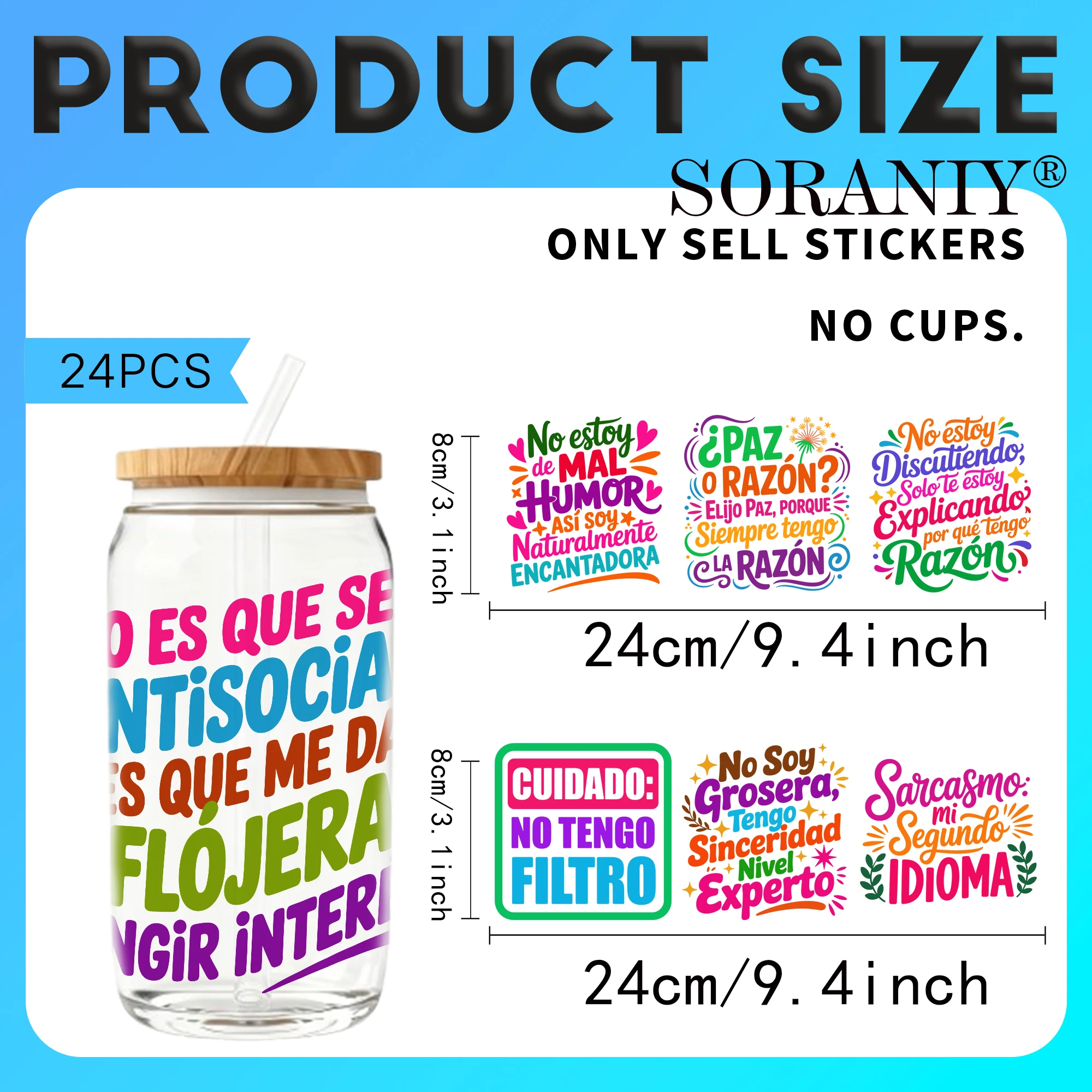 24PCS/Set Spanish Sarcastic Sayings Seal Themed UV DTF 16OZ DIY Transfer Paper Set Used For 16oz Water Bottles Glass BottlesDIY