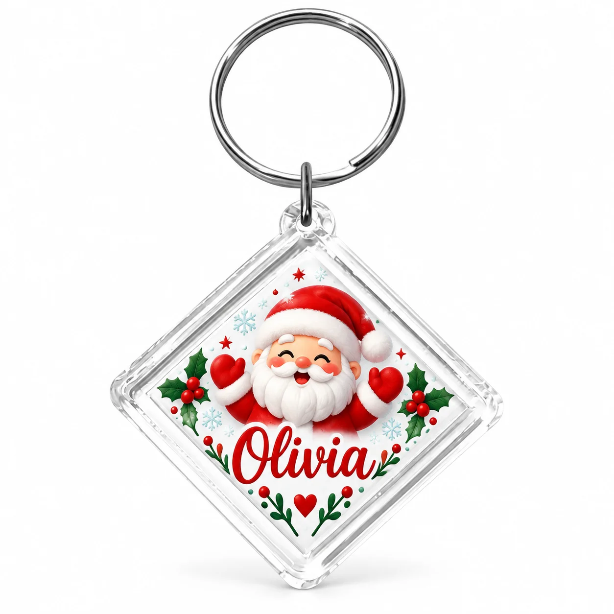 1PC Custom Christmas Acrylic Keychain Personalized Photo Name Santa Diamond Key Ring Clear Case Holiday Bag Charm Gift