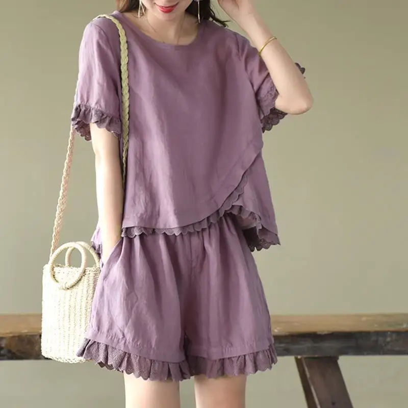 Women's Summer New Casual Loose Crew Neck Short Sleeve Irregular T-shirt Spliced Lace Wide Leg Shorts Solid Color Two-piece Sets