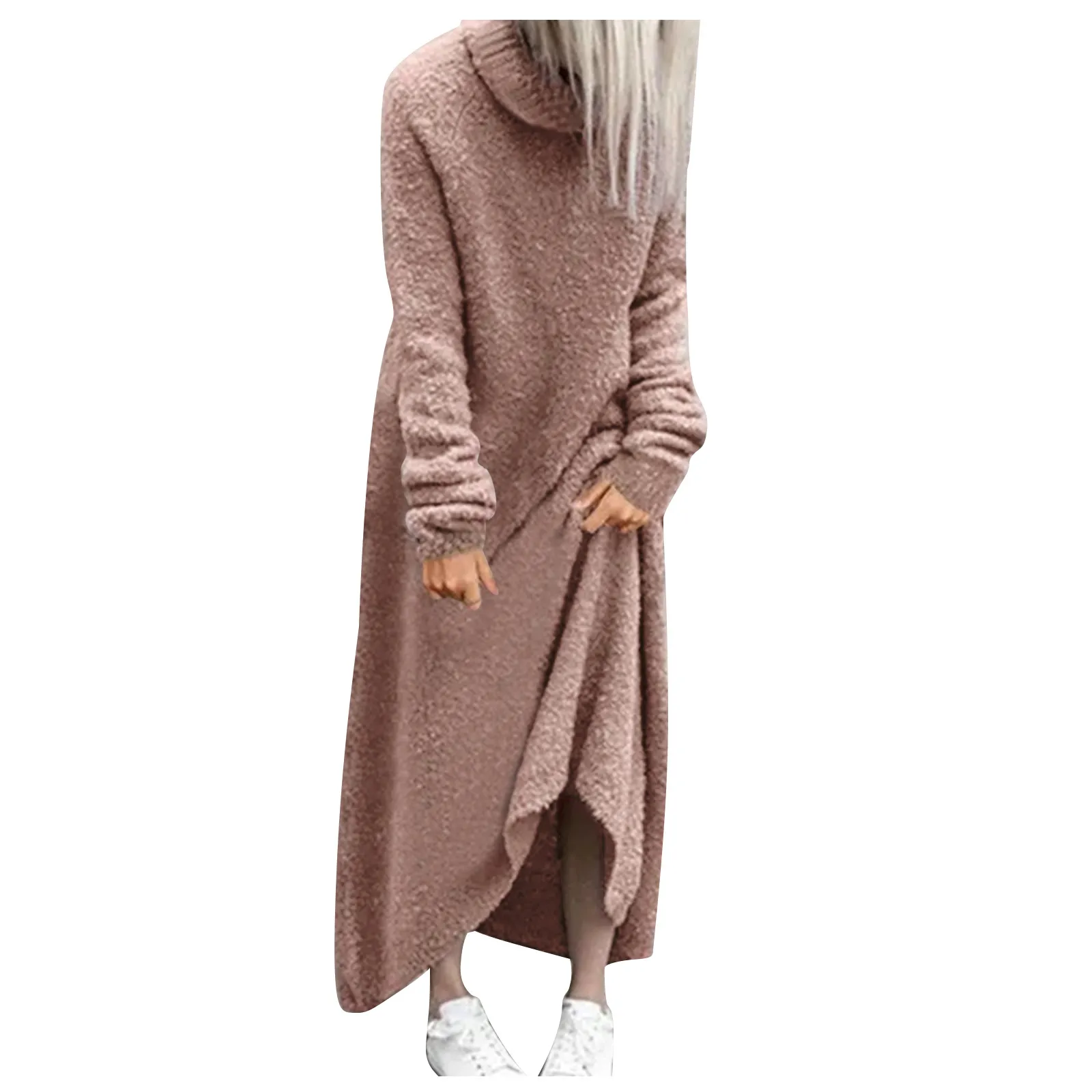 Autumn Winter Oversize Women\'s Knitted Dresses 2023 New High Neck Side Split Loose Long Sleeve Sweater Dress Female