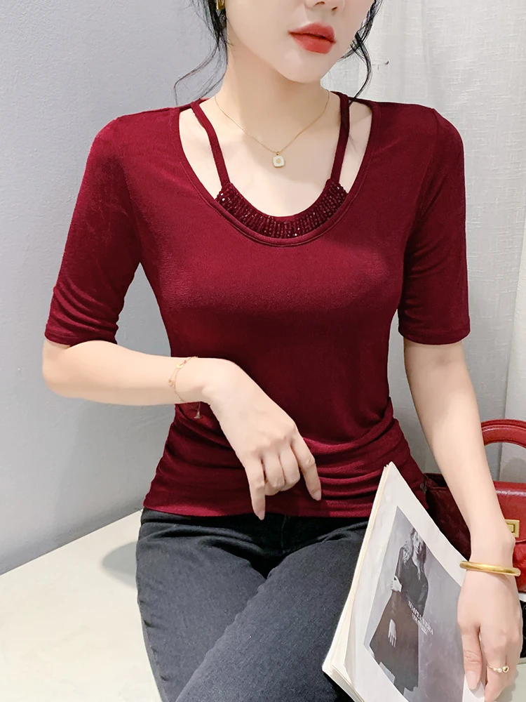 #7218 Black Gray Red Half Sleeve T Shirt Women V-neck Sexy Skinny Tee Shirt Femme Split Joint Diamonds Womens Tshirt Summer 2024