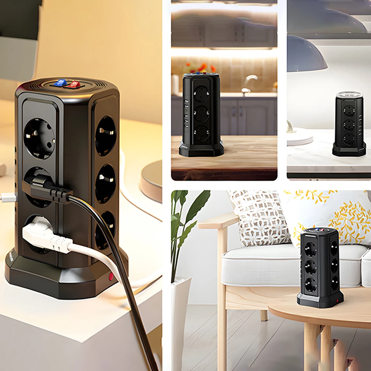 Tower Power Strip 12 Outlets 5 USB Ports Multi Tower Socket with 1.8 M Extension Cord and Overload Protector Vertical Socket