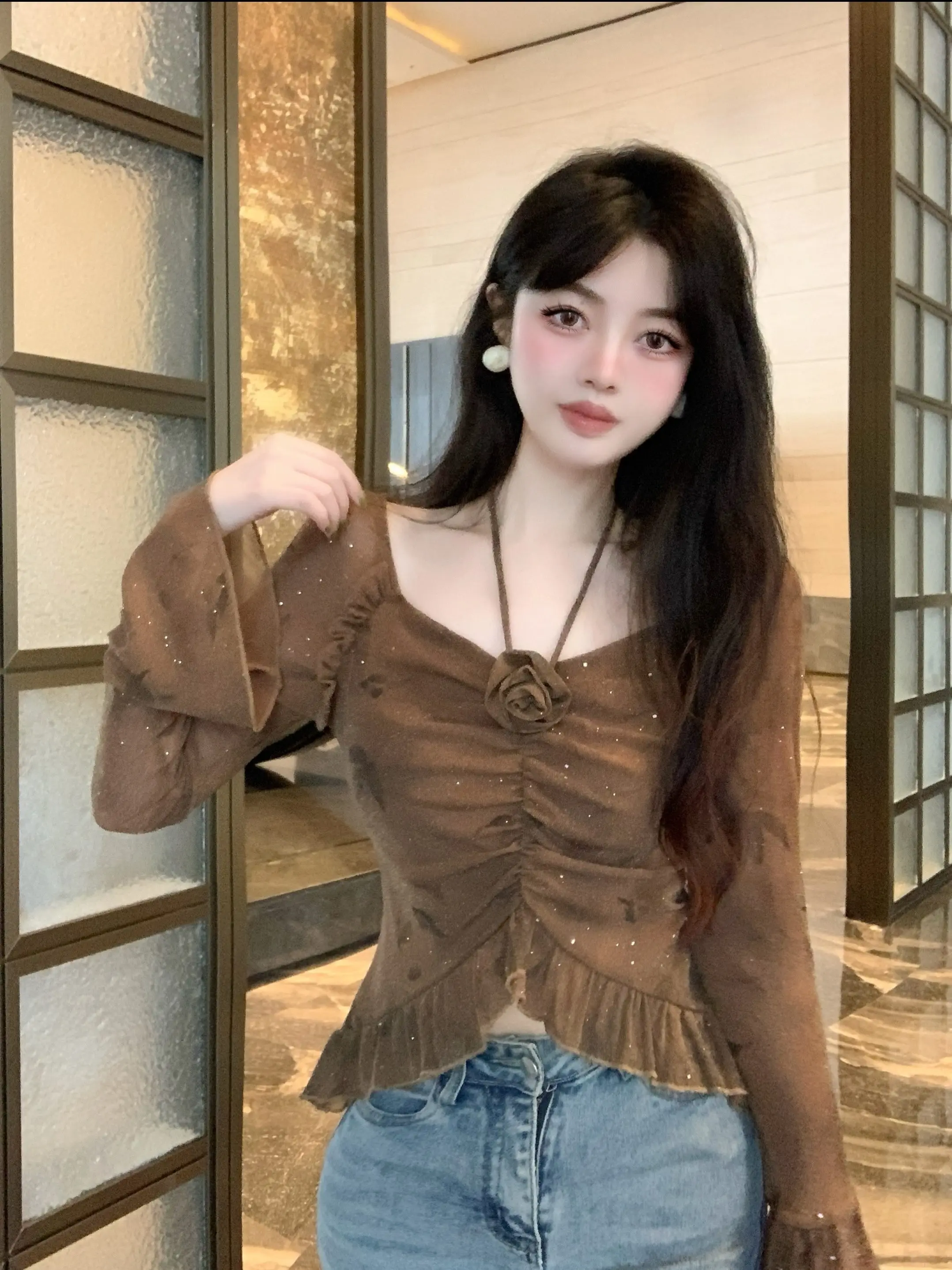 

V-neck Irregular Three-dimensional Flower Lotus Leaf Edge Bright Silk Gauze Top Tie-dye Long-sleeved Bottoming Shirt Women