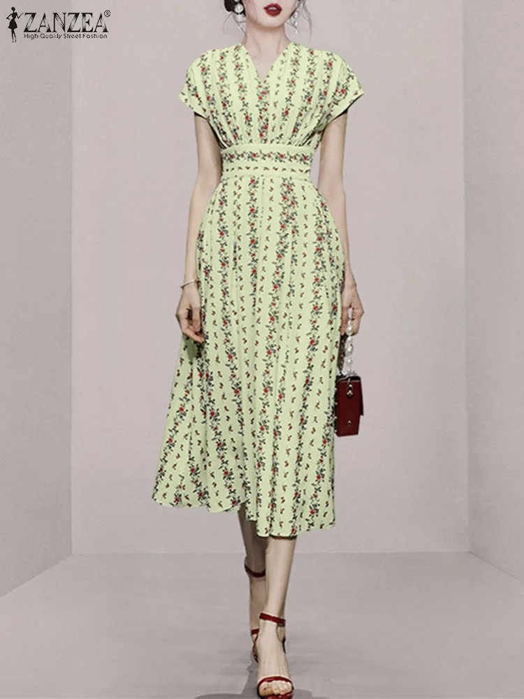 

ZANZEA Vintage V-neck Floral Printing Long Vestidos Elegant Women Waist Evening Dress 2024 Summer Korean Cap Sleeve Party Dress