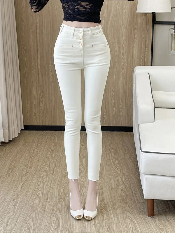 

High Waist Slim Fit Women's Jeans White Elastic Frayed Hem Nine-Piece Cotton Stretch Denim Casual Style Spring Autumn Season